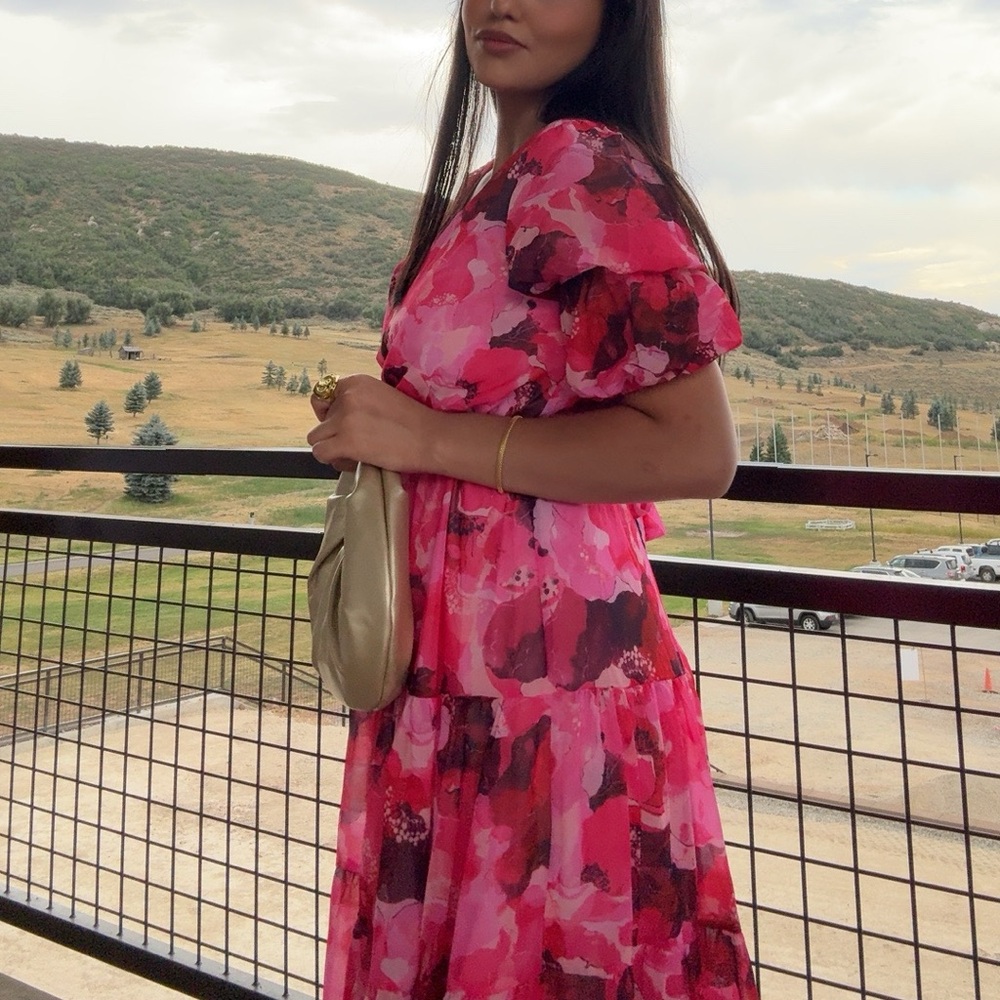 Amazon Pink Ruffled Tiered Sundress with Puff Sleeves